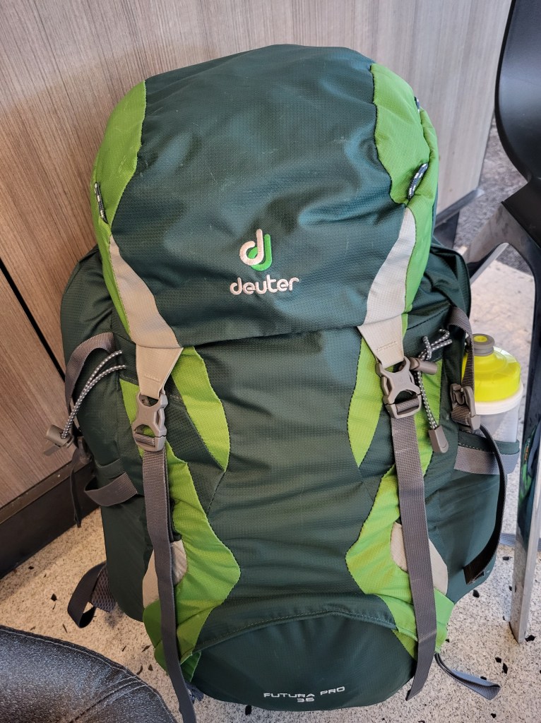 A 35-liter backpack containing all my possessions for the next six weeks