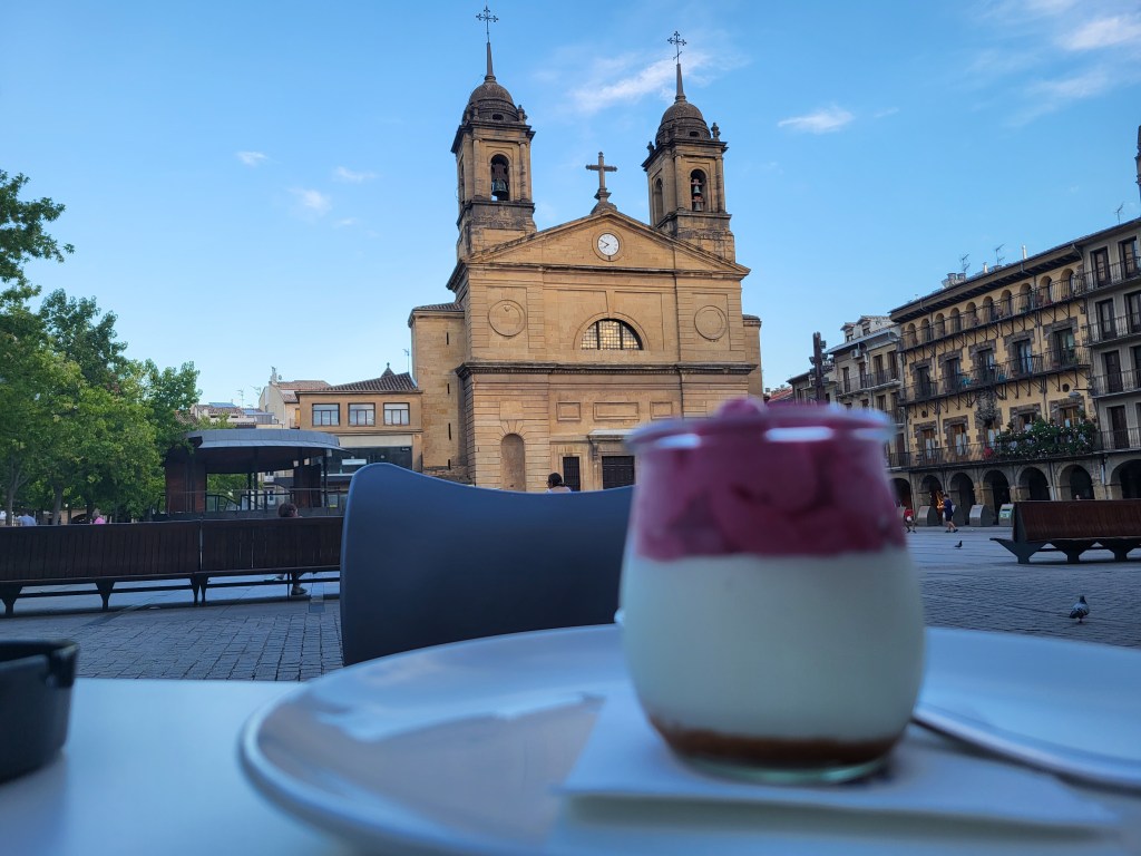 Blueberry Cheesecake desert served in a glass dish.