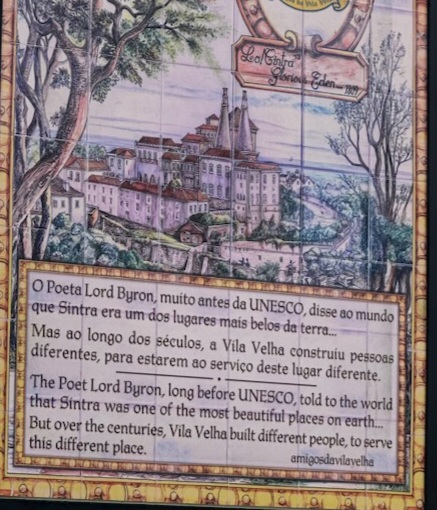 Plaque on the wall of the Hamburgueria da Ferraria quoting Lord Byron. In this quote, the poet describes Sintra, Portugal as one of the most beautiful places on earth.