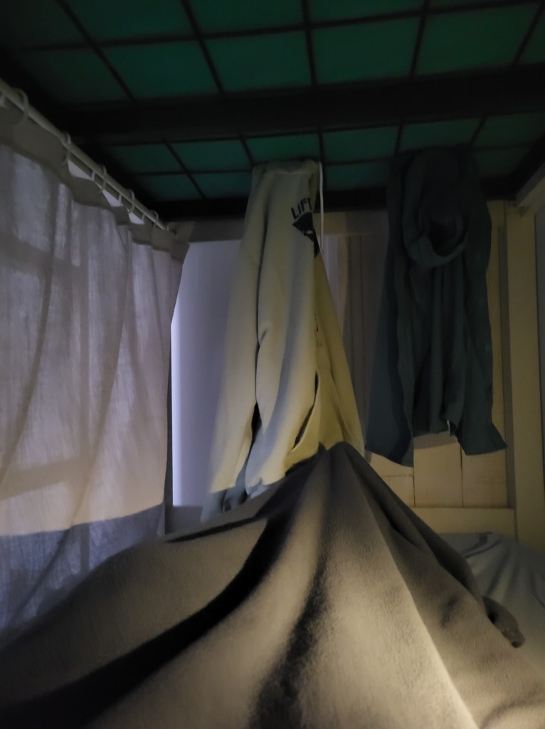 The view from a bunk bed in an albergue on the Camino de Santiago.