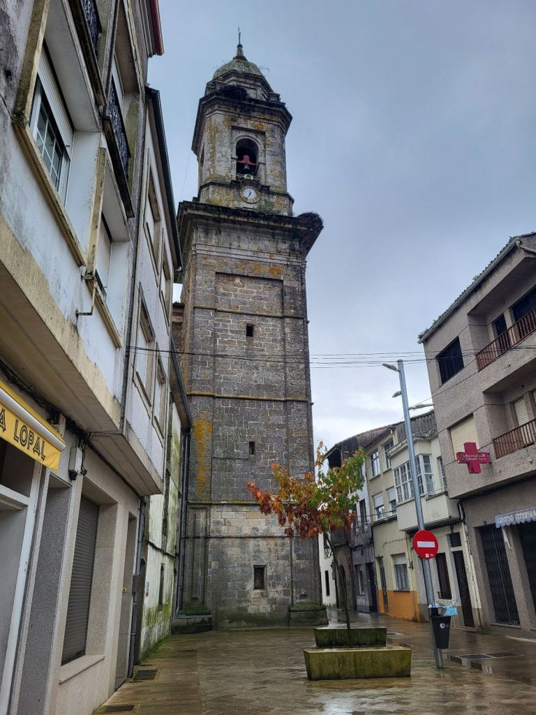 Church spire in Melida, Galicia, Spain.